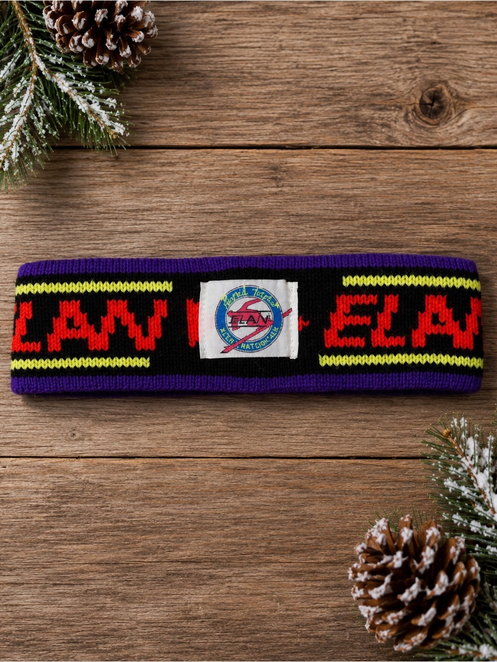 Vintage ELAN Knit Ski Headband Black Purple Neon Retro Winter Snowboard
